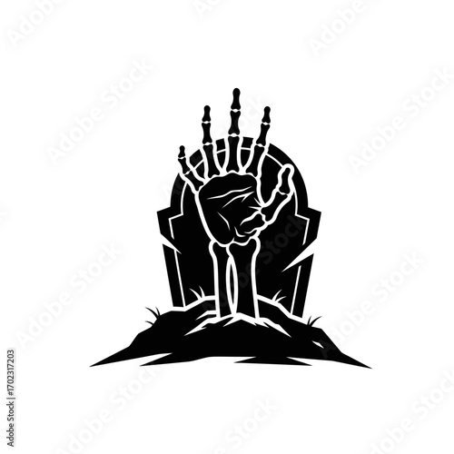 Emerging Skeleton Hand: A skeletal hand reaching out from a cracked tombstone, symbolizing the themes of death, mystery, and the supernatural in a bold black and white illustration.