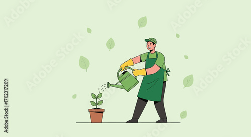 Nurturing Growth: A Gardener Carefully Waters a Young Plant in a Delicate Scene