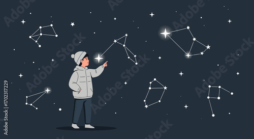 Observing The Cosmos A Boy Wondering At The Constellations In The Starry Night