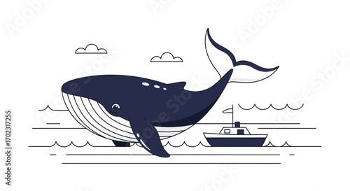 Oceanic Adventure: Majestic Whale and Sailboat Navigate the Aqueous Realm