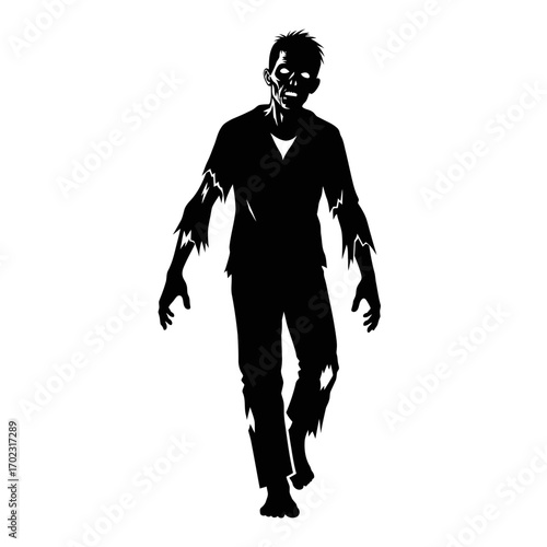 Creepy Zombie Silhouette: A chilling black silhouette of a solitary zombie walks forward. Its haunting form captures the eerie essence of undead horror.