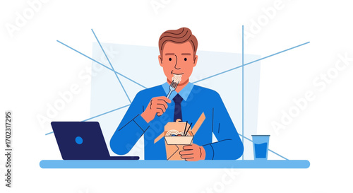 Office Worker Enjoying Noodles While Briefly Paused From Work With His Laptop