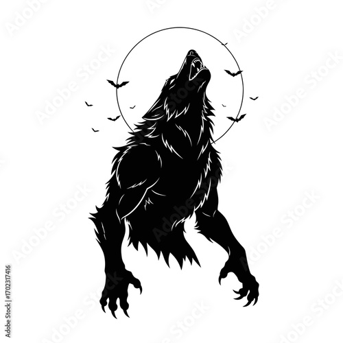 Werewolf Silhouette and Full Moon: The ominous silhouette of a werewolf, positioned against a full moon, creating a sense of dark mystery. the werewolf, bathed in the celestial glow.