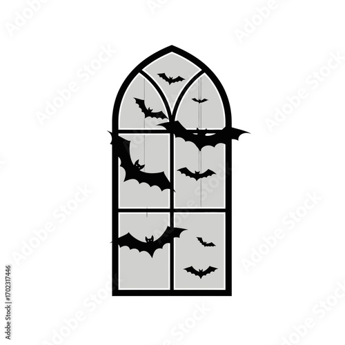 Gothic Window Decor: Spooky atmosphere with a stylized black window adorned with silhouetted bats, creating a sense of mystery and dread.
