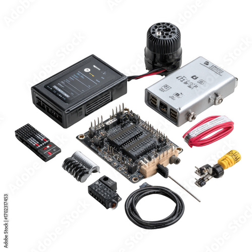 Embedded system kit with a microcontroller, sensors, and programming interface for educational purposes [Transparent Background PNG].
