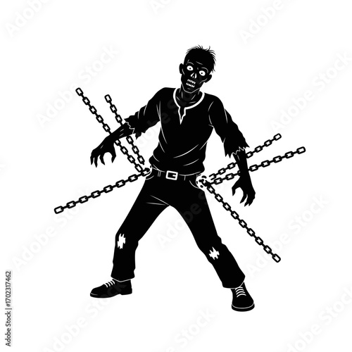 Zombie silhouette with Chains: A spooky silhouette of a zombie is restrained by multiple chains, highlighting the struggle and captivity of the undead in an illustrative design.