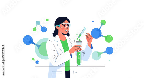 Scientist conducting research in a lab with molecular structures illustration