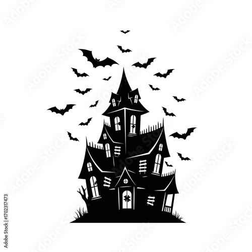 Spooky House: A chilling haunted house silhouetted against the night sky, with ominous bats circling above, creates an eerie atmosphere.