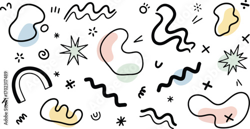 An arrangement of abstract shapes and doodles, including blobs with pastel fills, stars, squiggles, and other hand-drawn elements on a white background.