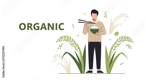 Organic Rice Cuisine: A Person Enjoying a Bowl of Harvested Rice, Eating With Chopsticks