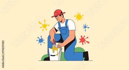 Painter Illustration: A man painting, artistic paint splashes and a bucket of paint