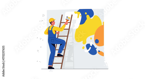 Painter in overalls using brush to paint a wall while standing on a ladder