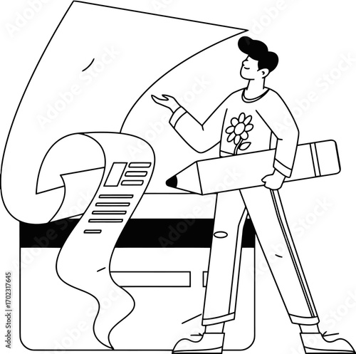 Modern illustration of a person managing finance and budget with oversized pencil and document, representing financial planning, online banking, and expense tracking for a secure future