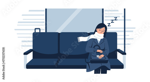 Passenger Napping on Public Transport, Comfortably Resting, Peaceful Sleep Illustration