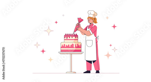 Pastry Chef Decorating A Pink Layered Cake With Artistic And Decorative Flair