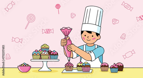 Pastry Chef Decorating Cupcakes with Icing and Sweets Background, in Pink Color