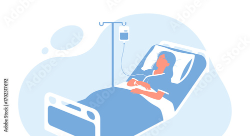 Patient resting in bed, receiving intravenous fluids using a medical illustration