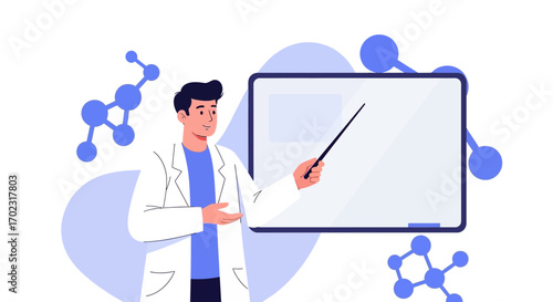 Scientist Presenting Information on Whiteboard with Molecular Structure Illustration