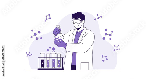 Scientist Performing Experiment in Laboratory with Illustration of Molecule and Beaker