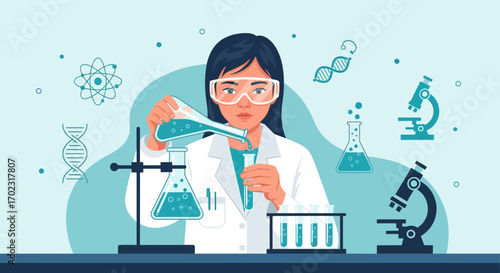 Scientist Performing Experiments in a Laboratory with Chemical Solutions and Equipment