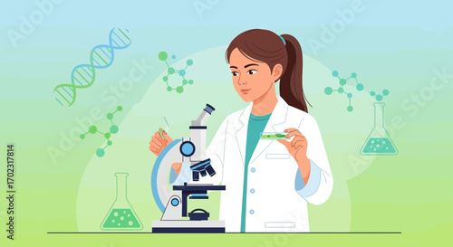 Scientist researching in laboratory with microscope, illustration of dna and molecules