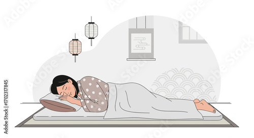 Peaceful Nap Embraced, A Woman Finds Serenity In Her Cozy Japanese-Inspired Bedroom