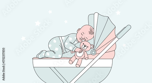 Peaceful Slumber: A Sweet Illustration of a Baby Snuggled up in a Stroller