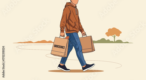 Person Carries Groceries Home After Successful Shopping Trip, Illustration Vector Art