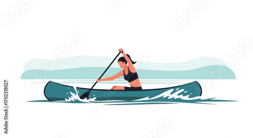 Serene Canoeing Scene Depicting a Woman Paddle Rowing Through Waters with Mountains