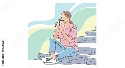 Serene Girl Consuming Food Outdoors While Reclined On Concrete Steps With Pastel Backdrop