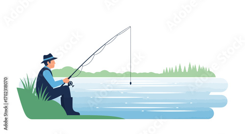 Serene Fisherman Casting a Line on a Calm Lake in a Peaceful Landscape