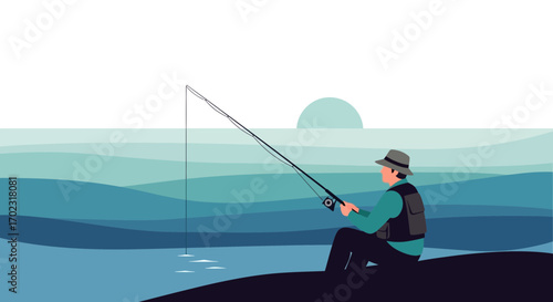 Serene Fisherman Enjoying Tranquility While Casting a Fishing Line Near the Water Edge