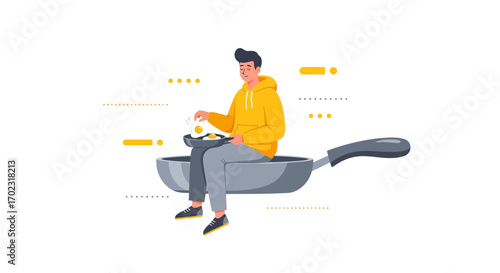 Person Cooking Fried Eggs In A Giant Frying Pan: A Culinary Illustration