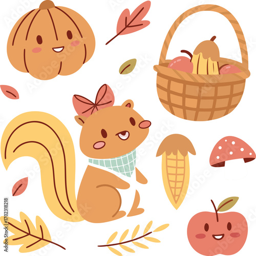 Cute squirrel and autumn harvest pumpkin apple