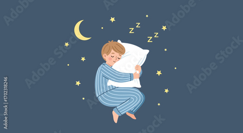 Serene Scene: Young Boy Embraces Sleep, Illuminated By Celestial Glow, Peaceful Slumber