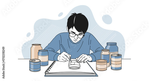 Person Drawing Designs Of Container Shapes On Paper With Various Around Them