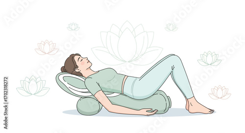 Serene Woman Relaxing on Yoga Bolster Surrounded by Lotus Flowers Peaceful Relaxation
