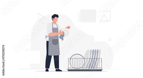 Person Drying Dishes After Washing, Simplified Illustration Of Daily Chores Task