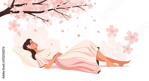 Serene Woman Lying Under Blossoming Cherry Tree with Flowing Petals, Tranquility