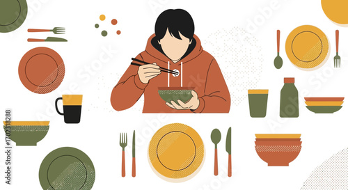 Person Eating Food With Chopsticks Illustrated In Modern, Minimalist, And Simplified Style