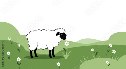 Sheep Standing In A Green Field Amidst Daisies Under A Bright Clear Sky Scene