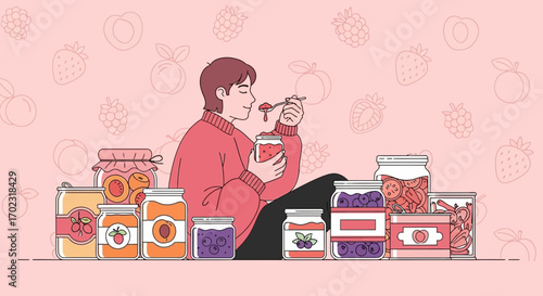 Person Enjoying Fruit Preserves Surrounded By Assortment Of Jars In Colorful Illustration