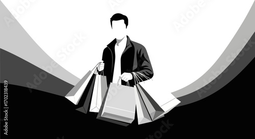 Shopper Holding Shopping Bags And Walking With Abstract Background Design Illustration