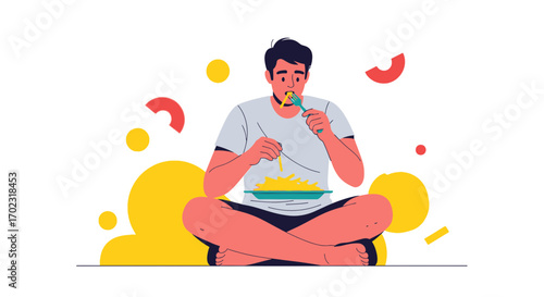 Person Enjoying Meal While Sitting Cross-Legged In A Minimalist Style Illustration
