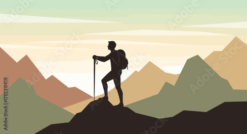 Silhouette of a Hiker Standing on a Mountain Peak, Landscape Vector Illustration