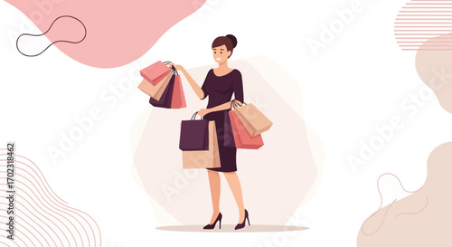Shopping woman carrying many shopping bags after buying fashionable goods at the mall