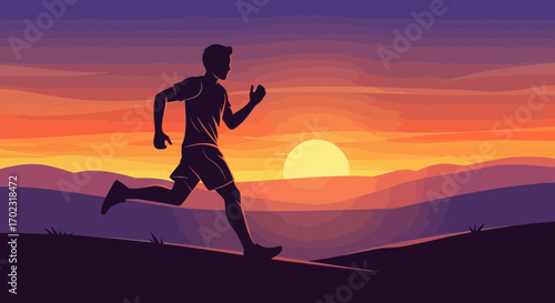 Silhouette of a Man Running at Sunset or Sunrise, Fitness and Outdoors