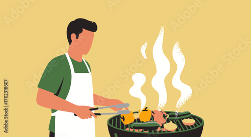 Person Grilling Vegetables on a Barbecue in the Warmth of a Summer Day