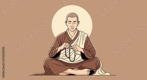 Sitting monk with rosary beads meditating on a brown background illustration