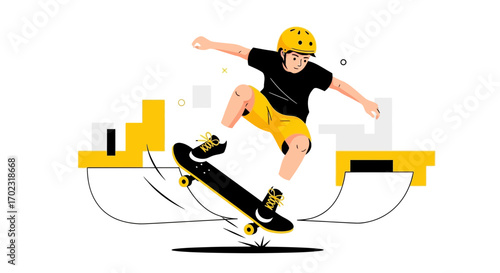 Skateboarder performing a trick in geometric style with a yellow and black color scheme